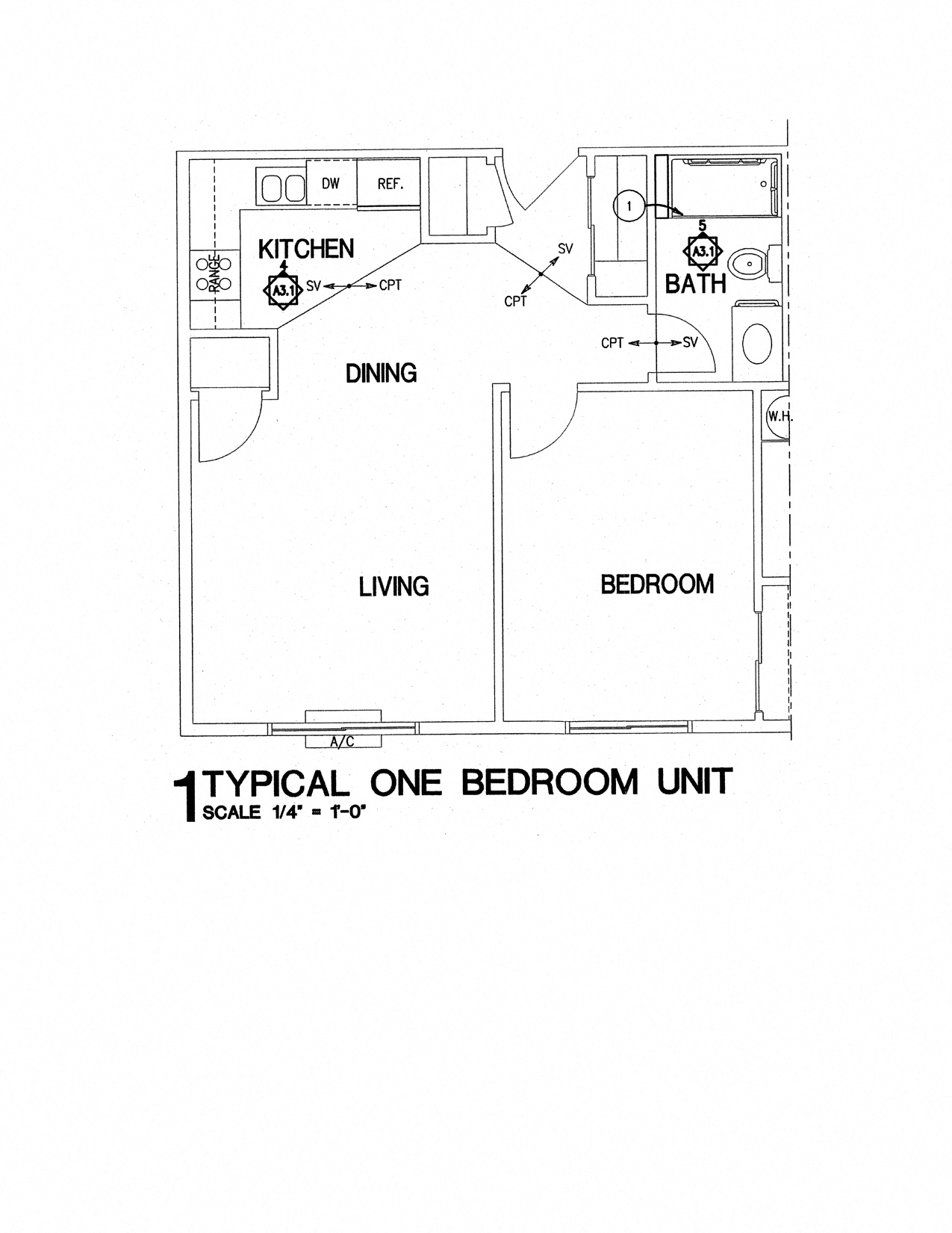 Floor plan for 1 bed, 1 bath, 576 sqft